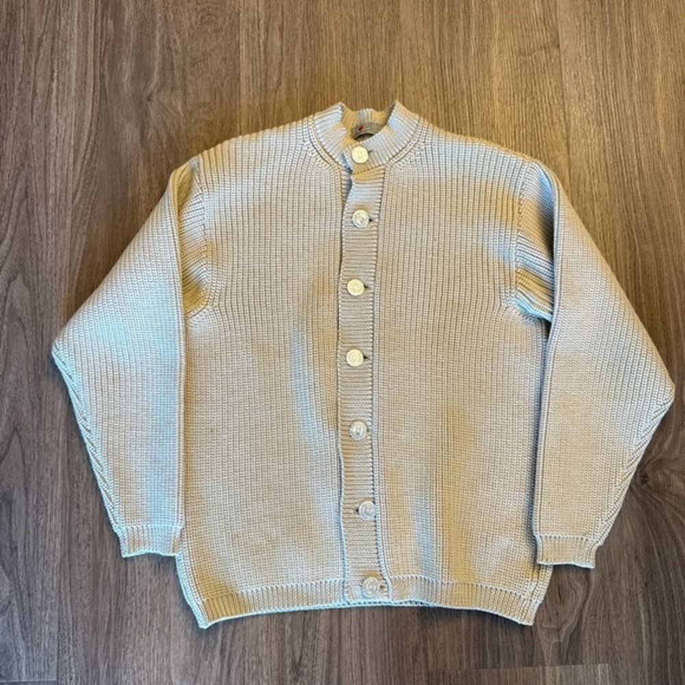 Obermeyer tan 100% wool made in Bavaria Cable Knit eagle Button Cardigan
